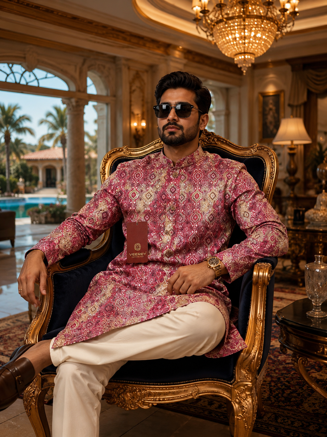 ShreeVastram Crimson Geometric Heritage Brocade Kurta Set